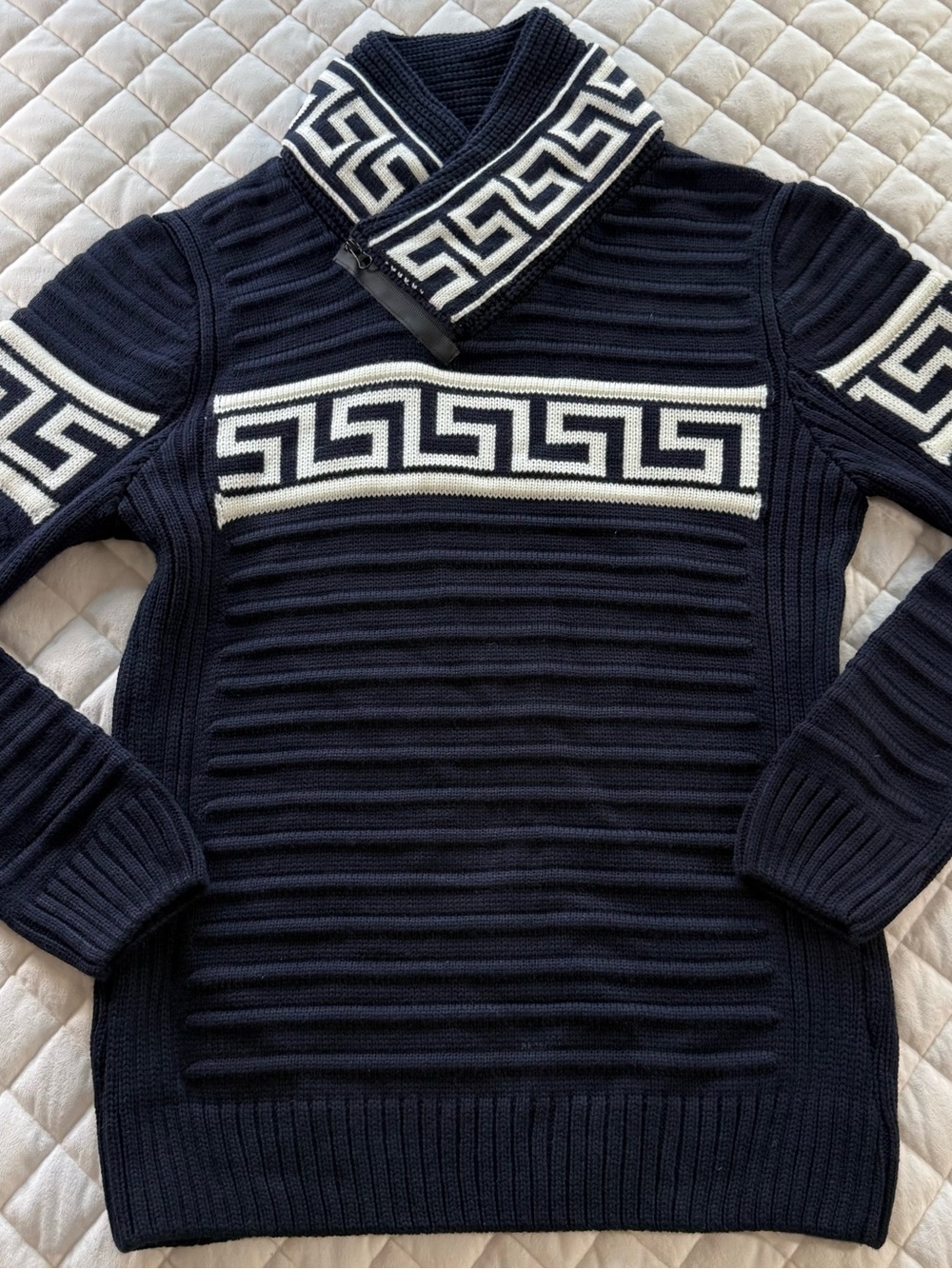 Suslo Couture Men's Knit Quarter-Zip Sweater XL Black Greek Key Geometric
